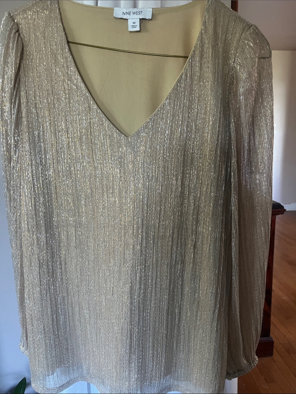 Nine West Metallic Gold V-Neck Pleated Blouse